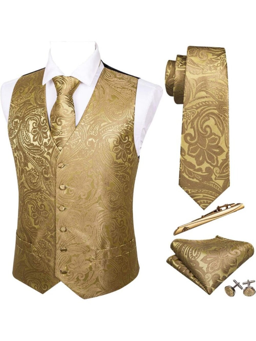 Stylish Men's Paisley Silk Vest Set - Formal & Casual 5-Piece Tie Collection